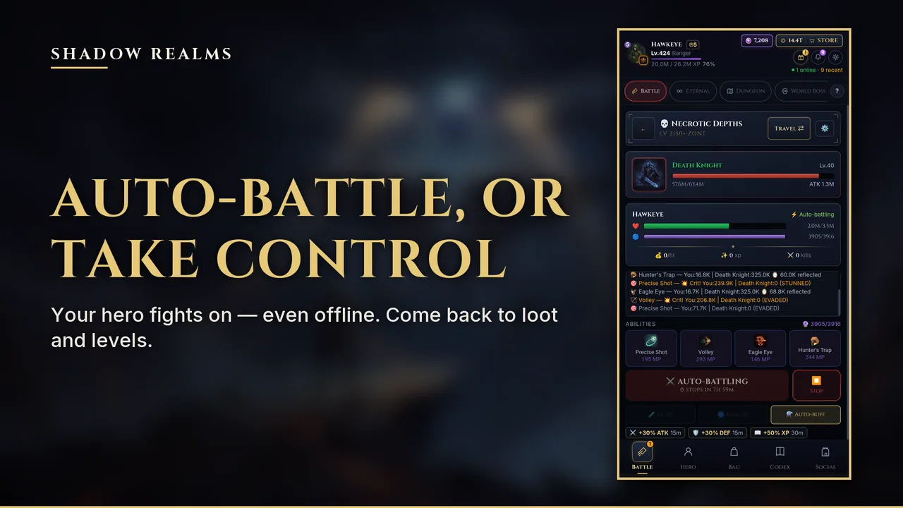 Auto-battle or take control — the battle screen
